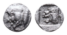 Mysia, Cyzicus Obol circa 450, AR . Forepart of boar l., behind, tunny. Lion’s head l. within incuse square.Reference :Condition: Very Fine