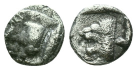 Greek coinsMysia, CyzicusObol circa 450, AR . Forepart of boar l., behind, tunny. Lion’s head l. within incuse square. von Fritze, Silberprägung Kyzik...