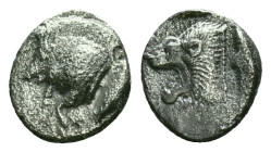 Greek coinsMysia, CyzicusObol circa 450, AR . Forepart of boar l., behind, tunny. Lion’s head l. within incuse square. von Fritze, Silberprägung Kyzik...