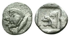 Greek coinsMysia, CyzicusObol circa 450, AR . Forepart of boar l., behind, tunny. Lion’s head l. within incuse square. von Fritze, Silberprägung Kyzik...