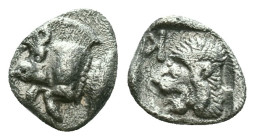 Greek coinsMysia, CyzicusObol circa 450, AR . Forepart of boar l., behind, tunny. Lion’s head l. within incuse square. von Fritze, Silberprägung Kyzik...