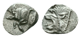 Greek coinsMysia, CyzicusObol circa 450, AR . Forepart of boar l., behind, tunny. Lion’s head l. within incuse square. von Fritze, Silberprägung Kyzik...