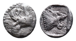 Greek coinsMysia, CyzicusObol circa 450, AR . Forepart of boar l., behind, tunny. Lion’s head l. within incuse square. von Fritze, Silberprägung Kyzik...