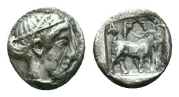 TROAS, Antandros. Late 5th-early 4th Century BC. AR Trihemiobol . Head of Artemis Astyrene right / Goat standing right; grapes above. SNG Copenhagen 2...