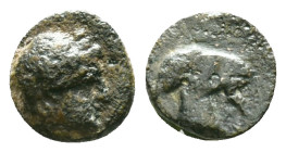 Aeolis. Aigai circa 400-300 BC. Bronze Æ. Laureate head of Apollo right, hair long / Head of goat right.Reference :Condition: Very Fine