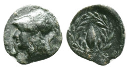 Aeolis, Elaia, AE, Circa 4th Century BC.Obv: Helmeted head of Athena left.Rev: Ε – Λ, Grain ear within olive wreath.Reference :Condition: Very Fine...