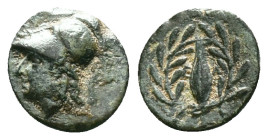 Aeolis, Elaia, AE, Circa 4th Century BC.Obv: Helmeted head of Athena left.Rev: Ε – Λ, Grain ear within olive wreath.Reference :Condition: Very Fine...