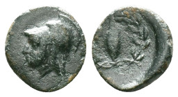 Aeolis, Elaia, AE, Circa 4th Century BC.Obv: Helmeted head of Athena left.Rev: Ε – Λ, Grain ear within olive wreath.Reference :Condition: Very Fine...