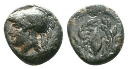 Aeolis, Elaia, AE, Circa 4th Century BC.Obv: Helmeted head of Athena left.Rev: Ε – Λ, Grain ear within olive wreath.Reference :Condition: Very Fine...
