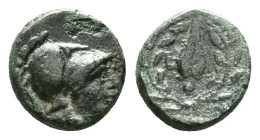 Aeolis, Elaia, AE, Circa 4th Century BC.Obv: Helmeted head of Athena left.Rev: Ε – Λ, Grain ear within olive wreath.Reference :Condition: Very Fine...