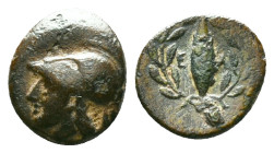 Aeolis, Elaia, AE, Circa 4th Century BC.Obv: Helmeted head of Athena left.Rev: Ε – Λ, Grain ear within olive wreath.Reference :Condition: Very Fine...