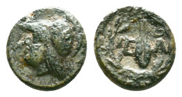 Aeolis, Elaia, AE, Circa 4th Century BC.Obv: Helmeted head of Athena left.Rev: Ε – Λ, Grain ear within olive wreath.Reference :Condition: Very Fine...