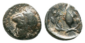 Aeolis, Elaia, AE, Circa 4th Century BC.Obv: Helmeted head of Athena left.Rev: Ε – Λ, Grain ear within olive wreath.Reference :Condition: Very Fine...
