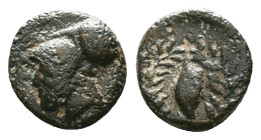 Aeolis, Elaia, AE, Circa 4th Century BC.Obv: Helmeted head of Athena left.Rev: Ε – Λ, Grain ear within olive wreath.Reference :Condition: Very Fine...