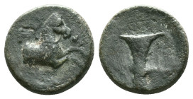 Aeolis, Kyme. ca 350-250 BC. Magistrate Zopirion. Æ . KY - ZΩΠYΡIΩN above and beneath forepart of horse right. / One-handled cup, NΠA monogram in left...
