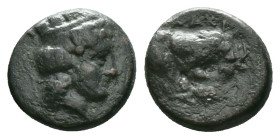 Mysia. Plakia circa 400-300 BC. Bronze Æ Turreted head of Kybele right / ΠΛΑΚΙΑ; lion right, devouring prey, grain-ear below. Reference :Condition: Ve...