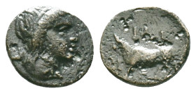 MYSIA. Miletopolis. Ae (4th century BC).Laureate head of Apollo right; below, tunny right.Rev: MIΛH .Bull advancing left.Reference :Condition: Very Fi...