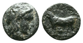 MYSIA. Miletopolis. Ae (4th century BC).Laureate head of Apollo right; below, tunny right.Rev: MIΛH .Bull advancing left.Reference :Condition: Very Fi...