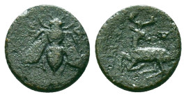 Greek Ionia, Ephesos , AE , Aissides, magistrate Circa 387-295 BC.Obv: Ε-Φ, beeRev: ΛΙΣΣΙΔΗΣ, stag kneeling left, head right, astragalos above.Ref: Nu...