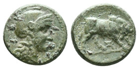 BITHYNIA, Myrleia. 4th-3rd centuries BC. Æ. Helmeted head of Athena right / Bull standing right, head lowered and slightly facing; monogram above. Ref...