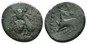 Greek Ionia, Ephesos , AE , Aissides, magistrate Circa 387-295 BC.Obv: Ε-Φ, beeRev: ΛΙΣΣΙΔΗΣ, stag kneeling left, head right, astragalos above.Ref: Nu...