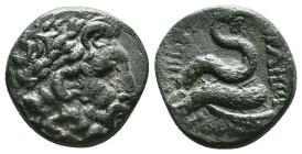 MYSIA, Pergamon. (Circa 200-113 B.C.)AE Bronze Laureate head of Asklepios (or Zeus) right / ΑΣΚΛΗΠΙΟΥ / ΣΩΤΗΡΟΣ, serpent-entwined staff of Asklepios.R...