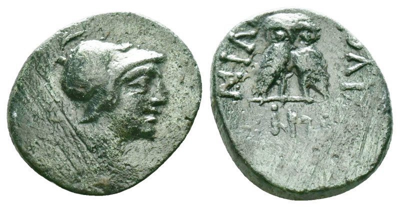 Mysia, Miletopolis. Circa 2n-1st centuries BC. AE . Helmeted head of Athena righ...
