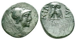 Mysia, Miletopolis. Circa 2n-1st centuries BC. AE . Helmeted head of Athena right / MIΛΗΤΟ. Double-bodied owl standing facing.Reference:Condition: Ver...