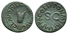 Claudius I Æ Quadrans. Rome, AD 42. TI CLAVDIVS CAESAR AVG, around modius on three legs / PON M TR P IMP P P COS II, around large SC.Reference :Condit...