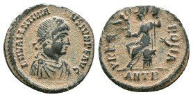 Valentinian II Æ Nummus. Antioch, AD 375-392. D N VALENTINIANVS P F AVG, pearl-diademed, draped and cuirassed bust right / VRBS ROMA, Roma seated left...