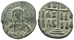 ANONYMOUS FOLLES. Class B. Attributed to Romanus III (1028-1034). Obv: + EMMA NOVHΛ / IC - XC. Bust of Christ facing, holding book of Gospels and wear...