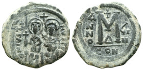 Byzantine, Justin II, with, Sophia (567/8 AD) Constantinople, AE Nummi Obv: D N IVSTINVS P P AI, nimbate imperial couple seated facing on double thron...