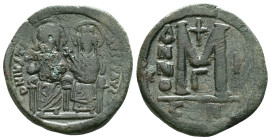 Justinus II with Sophia. 40 Nummi. RY 7 = 571/2 AD. Constantinople. (MIBE-43). (Doc-97a). (Sear-369). Anv.: D N IVSTINVS P P AVG, nimbate imperial cou...