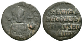 Romanus I Lecapenus AD 920-944. Follis AE Constantinople Crowned, bearded, facing bust of Romanus, wearing chlamys, holding labarum and cross on globe...