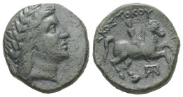 Kings of Thrace, Kabyle, Skostokos. Ae, 6.24 g 18.91 mm. Circa 270-230 BC.
Obv: Laureate head of Apollo right 
Rev: ΣΚΟΣΤΟΚΟΥ, Horseman to right, mono...