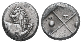Thrace, Chersonesos. AR Hemidrachm, 2.22 g 12.46 mm. Circa 357-320BC.
Obv: Forepart of lion right, head left.
Rev: Quadripartite incuse square with al...