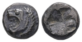 Thrace, Thracian Chersonesos, 'Kardia'. AR Diobol, 1.33 g 9.81 mm. Miltiades II. circa 499-493 BC. 
Obv: Head of roaring lion to left 
Rev: Quadripart...