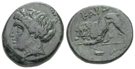 Thrace, Kardia. Ae, 8.47 g 21.68 mm. Circa 350-309 BC.
Obv: Wreathed head of Persephone left, wearing earring and necklace.
Rev: KAPΔIA. Lion standing...