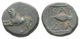 Thrace, Kardia. AE. 2.04 g. - 12.53 mm. Circa 357-309 BC.
Obv.: Lion leaping to left.
Rev.: KAP-ΔΙΑ. Barley grain; all within square frame.
Ref.: Tzve...