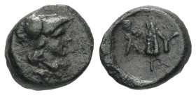 Thrace, Lysimacheia. Ae, 1.19 g 11.25 mm. Circa 309-220 BC.
Obv: Head of Athena right in Attic helmet.
Rev. Λ-Υ; Grain ear.
Ref.: SMB 18221929 and 182...