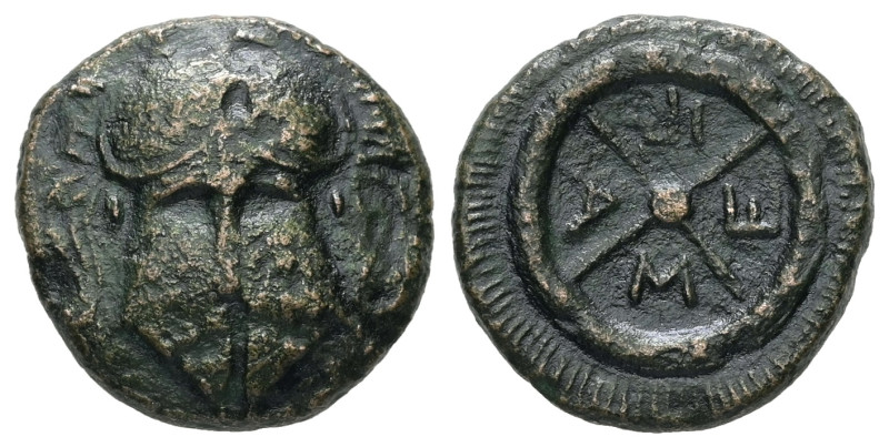 Thrace, Mesambria. Ae, 3.28 g 16.13 mm. Circa 175-100 BC.
Obv: Facing helmet.
Re...