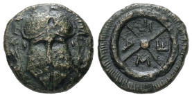 Thrace, Mesambria. Ae, 3.28 g 16.13 mm. Circa 175-100 BC.
Obv: Facing helmet.
Rev: M - E - Σ - A. Four-spoked wheel.
Ref: SNG BM Black Sea 272-3; HGC ...