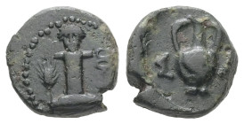 Thrace, Sestos. AE. 1.24 g. - 10.41 mm. Circa 300 BC.
Obv.: Facing herm between grain-ear and kerykeion.
Rev.: Σ - H. Amphora.
Ref.: SNG Copenhagen 93...