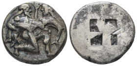 Thrace, Thasos. AR Stater, 8.64 g 21.64 mm. Circa 480-463 BC.
Obv: Ithyphallic satyr advancing right, carrying off protesting nymph.
Rev: Quadripartit...