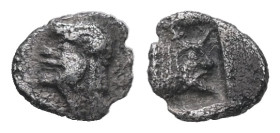 Asia Minor, Uncertain. AR Tetartemorion, 0.16 g 6.33 mm. Late 6th-early 5th century BC. 
Obv: Bearded male head (Silenos?) to left. 
Rev: Head of man-...