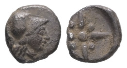 Asia Minor. Uncertain mint. AR, Hemiobol, 0.22 g 9.66 mm. Circa 500-400 BC.
Obv: Helmeted head of Athena right.
Rev: Star of four rays, pellets betwee...