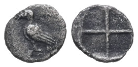 Asia Minor, Uncertain mint (Abydos?). AR Hemiobol, 0.28 g 8.13 mm. 5th century BC. 
Obv: Eagle standing to left 
Rev: Quadripartite incuse square. 
Re...