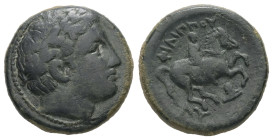 Kings of Thrace, Lysimachos. Ae, 4.78 g 17.50 mm. 305-281 BC. In the Name and Types of Philip II of Macedon. Lysimacheia.
Obv: Diademed head of Apollo...