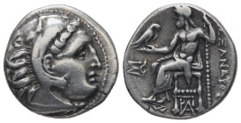 Kings of Macedon, Alexander III 'the Great'. AR Drachm, 4.28 g 18.17 mm. 336-323 BC. Kolophon.
Obv: Head of Herakles right, wearing lion skin.
Rev: AΛ...