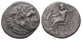 Kings of Macedon. Alexander III 'the Great'. AR Drachm, 4.12 g 18.80 mm. 336-323 BC. Lampsakos.
Obv: Head of Herakles right, wearing lion skin.
Rev: A...